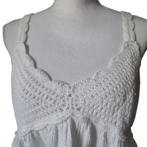 Crochet Babydoll Cropped Cami L White Scalloped Eyelet Coastal Boho Chic Peplum
